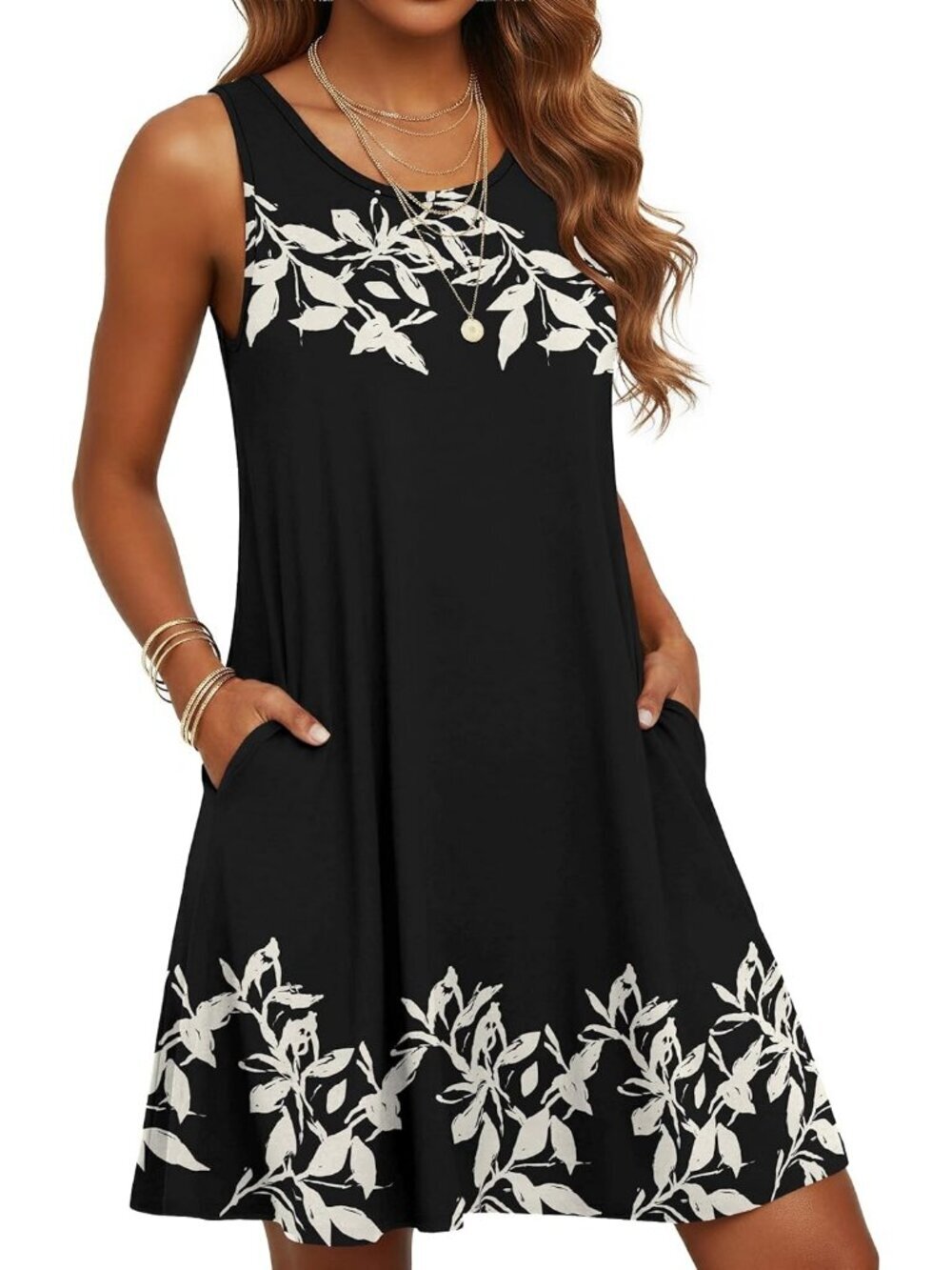 Women's Black Beige Floral Sleeveless Tank Round Neck Knee Length Mini Dress
